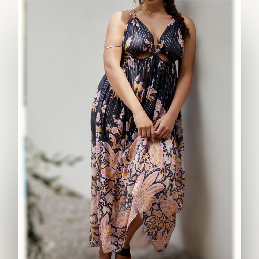 Anthropologie Maxi Cutout Boho Stripes and Pink Floral Dress Size XLarge NWOT